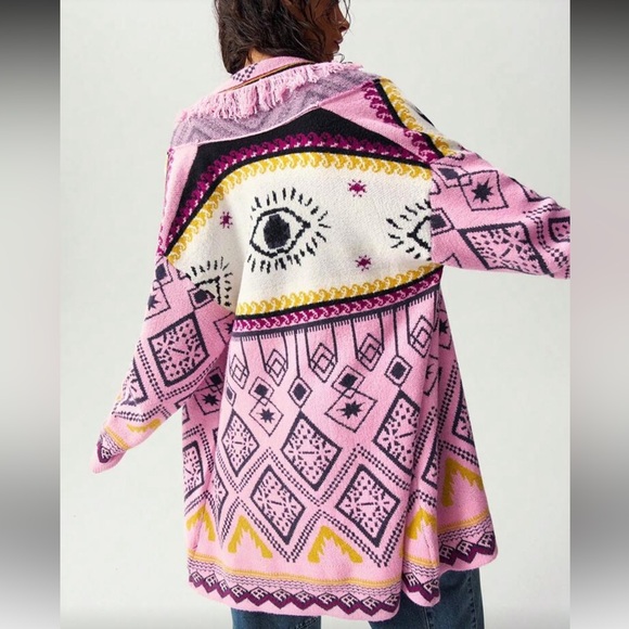 Bohemian fringe knit oversized cardigan sweater pink eye eyeball printed tribal - Picture 6 of 9
